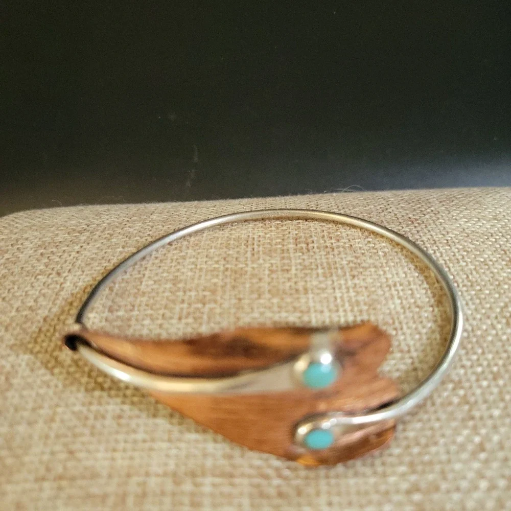 Vintage DAR Mexico 925 Sterling Silver Copper Turquoise Leaf Cuff Western